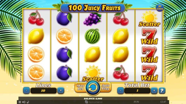 Arte oficial de la tragamonedas 100 Juicy Fruits de Spinomenal, con símbolos coloridos de frutas