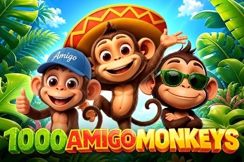 Pantalla de la tragamonedas 1000 Amigo Monkeys de Amigo Gaming, con tres monos protagonistas sobre un fondo de selva