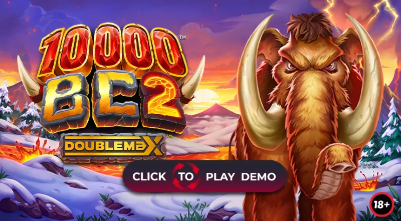 Pantalla de la tragamonedas 10000 BC 2 DoubleMax, con mamuts lanudos y lava volcánica en rodillos gigantes Gigablox