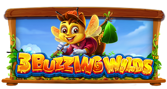 Arte oficial de la tragamonedas 3 Buzzing Wilds de Pragmatic Play, con abejas y una colmena dorada en un jardín