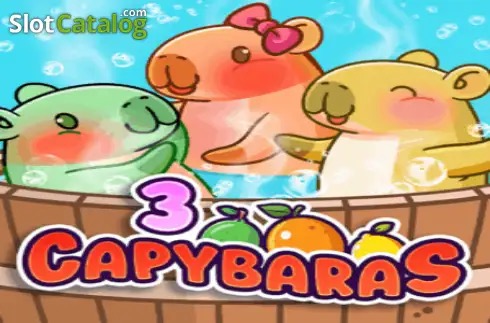 Arte oficial de la tragamonedas 3 Capybaras, con tres capibaras relajados junto a aguas termales y monedas doradas
