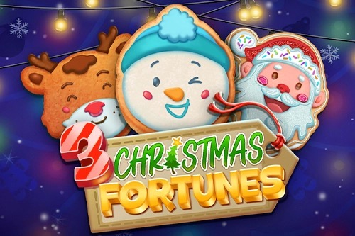 Arte oficial de la tragamonedas 3 Christmas Fortunes, con esferas navideñas de colores, renos y un paisaje nevado