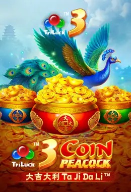 Pantalla de la tragamonedas 3 Coin Golden Peacock de TaDa Gaming, con un pavorreal dorado y monedas sobre fondo de temática oriental