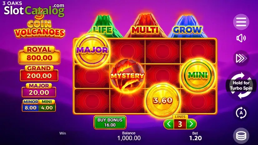 Pantalla principal de la tragamonedas 3 Coin Volcanoes de 3 Oaks Gaming, con tres volcanes en erupción sobre los rodillos