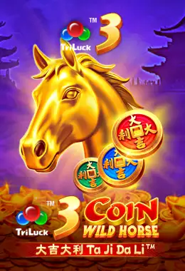 Pantalla de la tragamonedas 3 Coin Wild Horse de TaDa, con símbolos de caballo, sobres rojos y tres medidores de moneda de colores