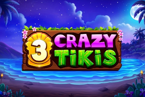 Arte oficial de la tragamonedas 3 Crazy Tikis, con tótems tiki de colores en una isla tropical maorí