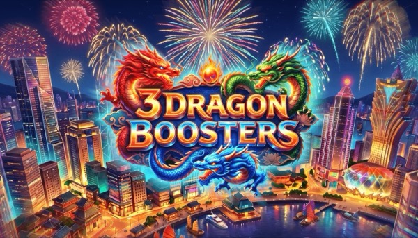 Pantalla de la tragamonedas 3 Dragon Boosters de BetGames, con dragones míticos sobre un fondo de ciudad moderna y símbolos de jackpot