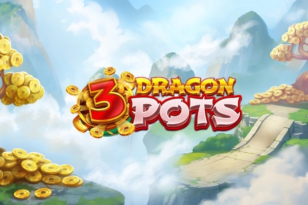 Arte oficial de la tragamonedas 3 Dragon Pots, con dragones dorados y ollas mágicas de tres colores sobre un paisaje chino