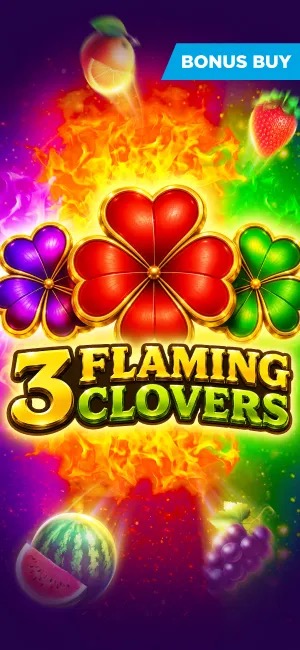 Pantalla de la tragamonedas 3 Flaming Clovers de Evoplay, con tréboles ardientes y símbolos de la suerte sobre un fondo de arcade en neón