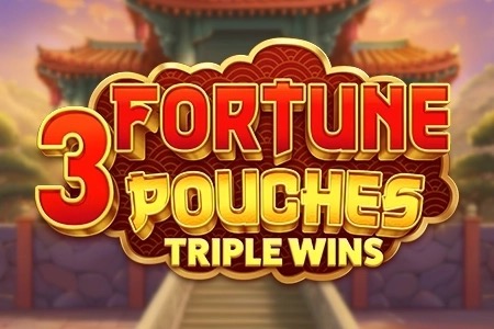 Pantalla de la tragamonedas 3 Fortune Pouches: Triple Wins de Gamzix, con bolsas de la fortuna, monedas y un dragón