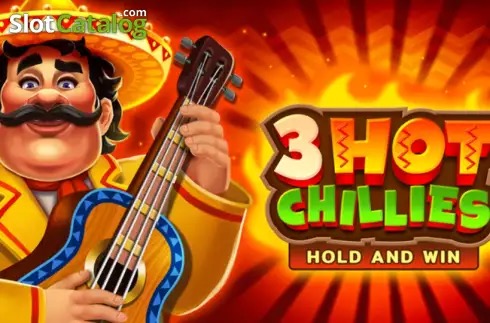 Pantalla de la tragamonedas 3 Hot Chillies de 3 Oaks Gaming, con guitarras, maracas, cactus y chiles picantes sobre un fondo de pueblo festivo