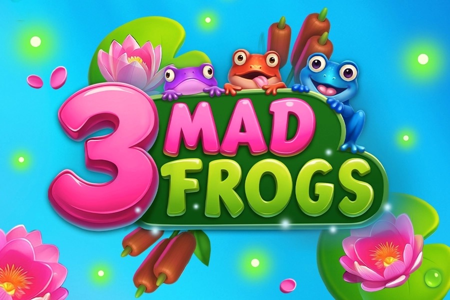 Ranas saltando entre símbolos de jardín y monedas en los rodillos de la tragamonedas 3 Mad Frogs