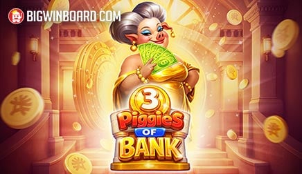 Arte oficial de la tragamonedas 3 Piggies of Bank de Yggdrasil, con los tres cerditos y un banco de fondo