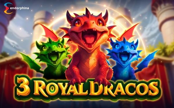 Arte oficial de 3 Royal Dracos con tres dragones bebé coloridos y un castillo nevado de fondo, con el logo de Endorphina