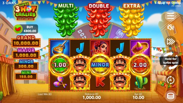 Pantalla de la tragamonedas 3 Super Hot Chillies de 3 Oaks Gaming, con monedas de colores, maracas, guitarras y chiles picantes