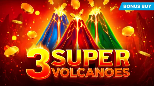 Arte oficial de la tragamonedas 3 Super Volcanoes de Evoplay, con volcanes en erupción