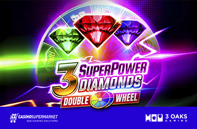 Diamantes y símbolos clásicos de casino sobre fondo violeta en la tragamonedas 3 SuperPower Diamonds