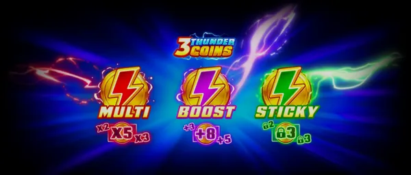 Arte oficial de 3 Thunder Coins: Hold and Win, de Playson, con símbolos de frutas clásicas y monedas bajo una tormenta
