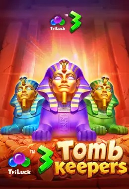 Pantalla de la tragamonedas 3 Tomb Keepers de TaDa Gaming, con estatuas de Faraón de colores, momias y símbolos de tesoro egipcio