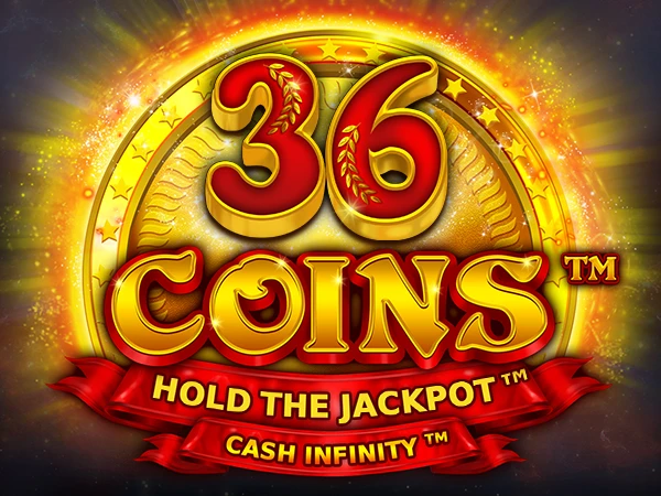 Pantalla de la tragamonedas 36 Coins, con parrilla dorada 6x6 de monedas y símbolos de jackpot Hold the Jackpot