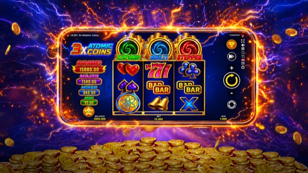 Pantalla de la tragamonedas 3X Atomic Coins: Trinity Running Wins de Fugaso, con monedas de energía atómica sobre una cuadrícula expandida