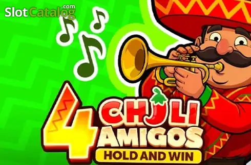 Pantalla de la tragamonedas 4 Chili Amigos: Hold and Win de Playson, con cuatro chiles-amigo de fiesta mexicana y símbolos de monedas fijados en la cuadrícula