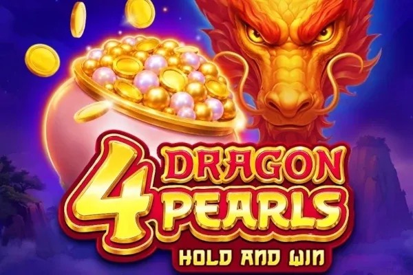 Pantalla principal de la tragamonedas 4 Dragon Pearls de 3 Oaks, con dragones dorados y cuatro ollas de perlas sobre un paisaje de montañas envuelto en niebla púrpura