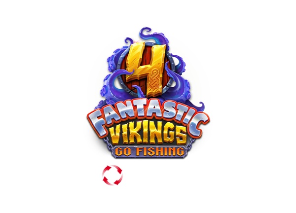 Arte oficial de la tragamonedas 4 Fantastic Vikings Go Fishing de Yggdrasil, con vikingos pescando