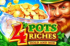 Pantalla de la tragamonedas 4 Pots Riches: Hold and Win de Playson con ollas de oro, tréboles y símbolos de suerte irlandesa