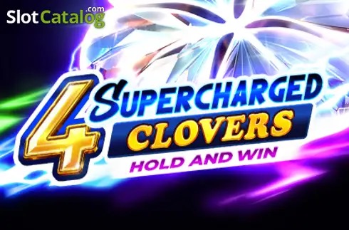 Arte oficial de la tragamonedas 4 Supercharged Clovers: Hold and Win de Playson, con tréboles dorados, rayos de neón y montones de monedas