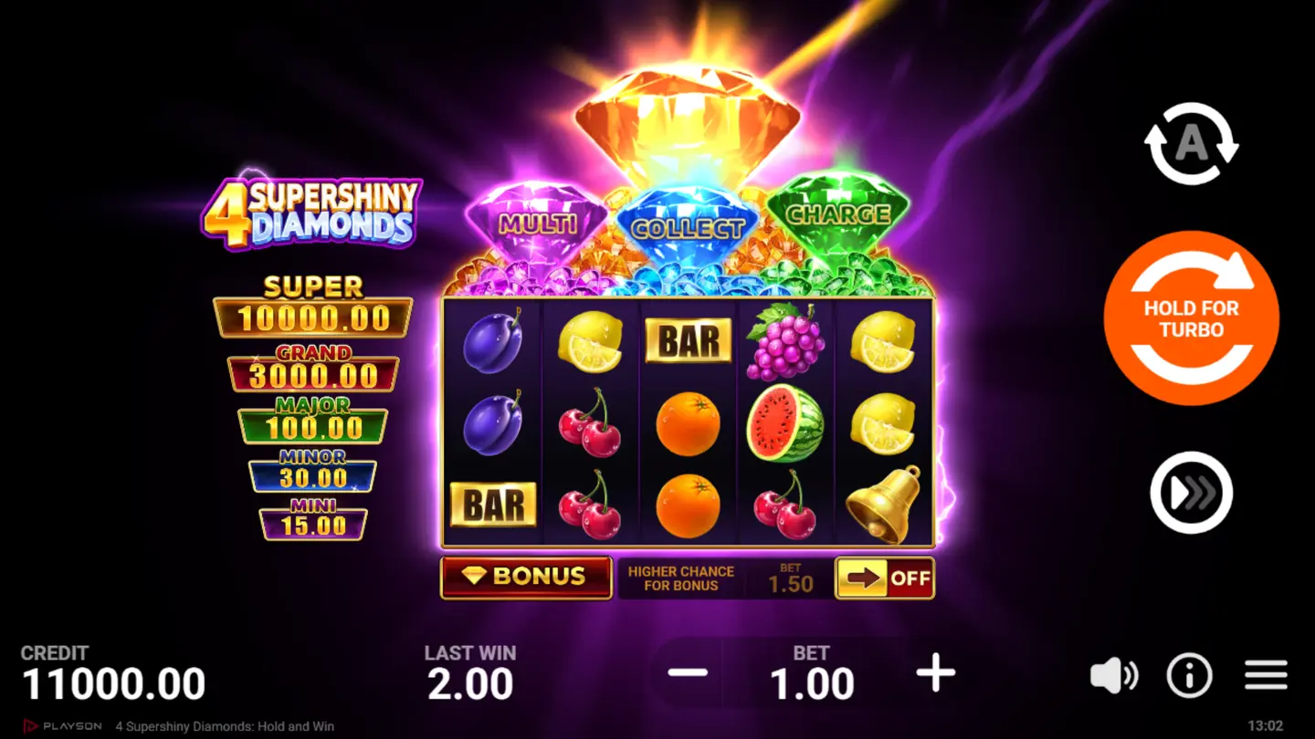 Arte oficial de 4 Supershiny Diamonds: Hold and Win, de Playson, con diamantes morado, azul y verde sobre fondo púrpura