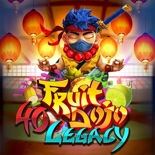 Arte oficial de la tragamonedas 40 Fruit Dojo Legacy de Game2Slot, con sensei de artes marciales y frutas sobre una cuadrícula ampliada
