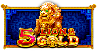 Arte oficial de la tragamonedas 5 Lions Gold de Pragmatic Play, con leones dorados y símbolos de suerte china