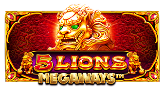 Arte oficial de la tragamonedas 5 Lions Megaways de Pragmatic Play, con leones dorados y dragón en temática china