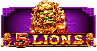 Arte oficial de la tragamonedas 5 Lions de Pragmatic Play, con león dorado y símbolos de suerte china