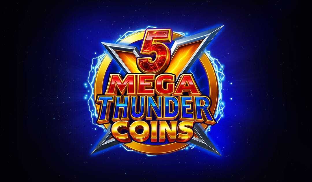 Cuadrícula de la tragamonedas 5 Mega Thunder Coins de Fugaso, con monedas doradas, rayos y símbolos Mega de 3x3