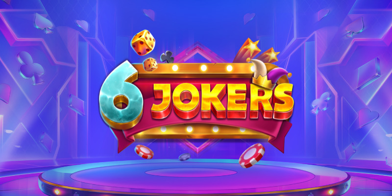 Arte de 6 Jokers de Pragmatic Play, con frutas de neón, jokers y palcos de teatro antiguos sobre fondo de rave retro (fuente: AboutSlots, ficha oficial de Pragmatic Play sin datos completos accesibles)