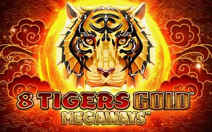 Pantalla principal de 8 Tigers Gold Megaways con tigres, símbolos de Yin-Yang y monedas doradas en fondo rojo y dorado