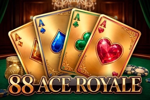 Arte oficial de la tragamonedas 88 Ace Royale de Amigo Gaming, con cartas doradas, As y Jacks sobre fondo de terciopelo púrpura
