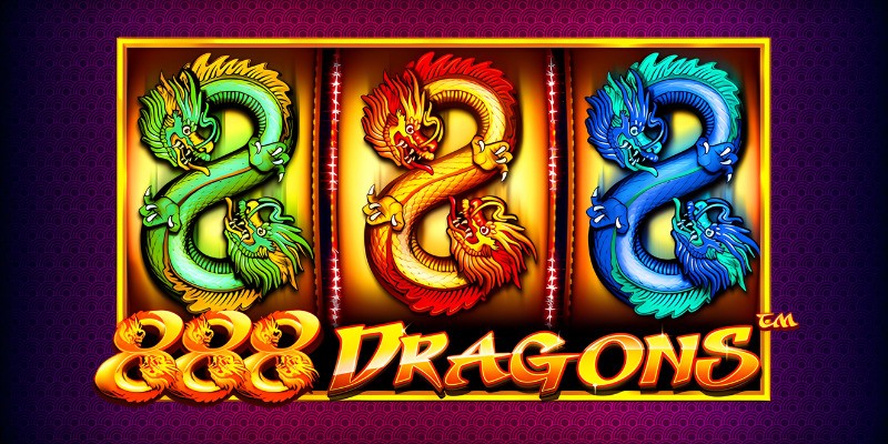 Pantalla de la tragamonedas 888 Dragons, con dragones chinos dorados y el número 8 repetido sobre fondo rojo y dorado