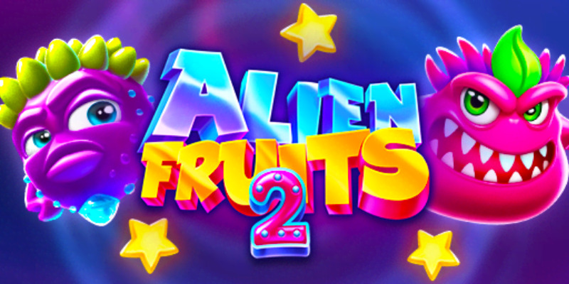 Frutas alienígenas flotando sobre un fondo espacial en la tragamonedas Alien Fruits 2