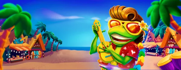 Arte oficial de la tragamonedas Aloha King Elvis de BGaming, con la rana estilo Elvis en escenario hawaiano