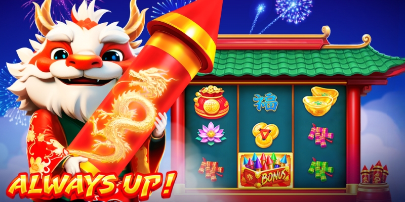 Arte oficial de la tragamonedas Always Up! de BGaming, con una pagoda china, cohetes y monedas doradas