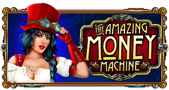 Arte oficial de la tragamonedas Amazing Money Machine de Pragmatic Play, con máquina steampunk de dinero