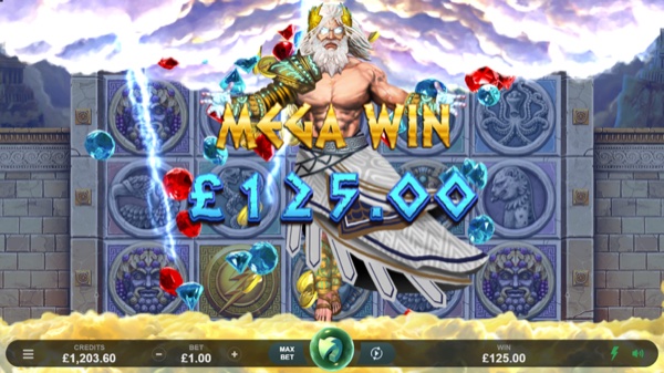 Arte oficial de la tragamonedas Ancient Fortunes Zeus Gold Blitz Lightning, con Zeus y rayos dorados