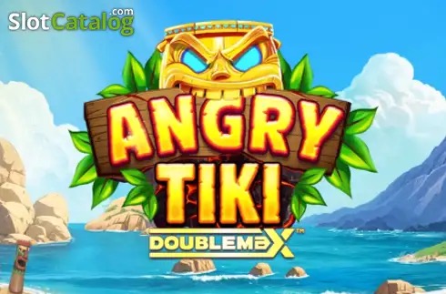 Arte oficial de la tragamonedas Angry Tiki DoubleMax, con tótems tiki tallados y símbolos tropicales sobre un volcán