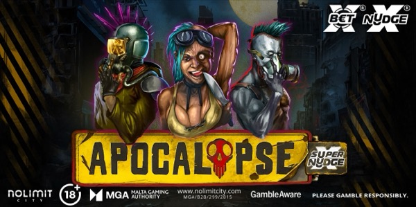 Pantalla de la tragamonedas Apocalypse Super xNudge de Nolimit City, con escenario postapocalíptico y wilds xNudge en los rodillos