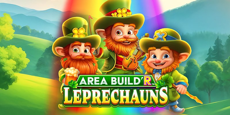 Captura de la tragamonedas Area Build'R Leprechauns Super Spin V94, con tres duendes irlandeses y dos ruedas giratorias sobre un paisaje verde