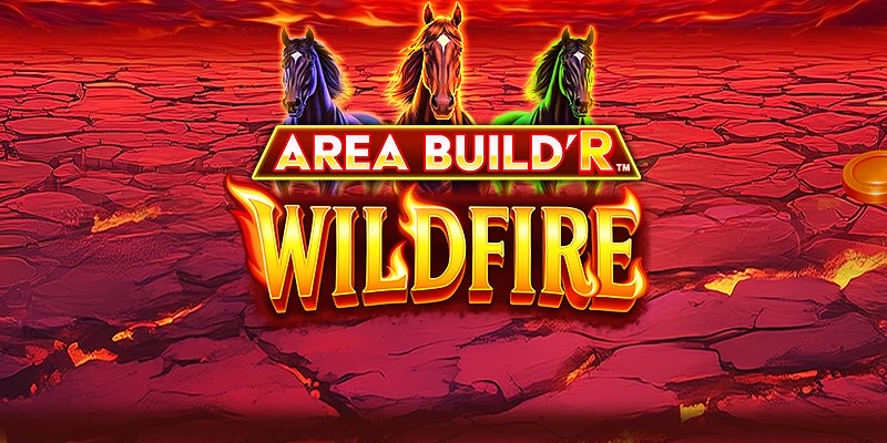 Captura de la tragamonedas Area Build'R Wildfire V94, con un caballo salvaje entre llamas y un paisaje desértico ardiente