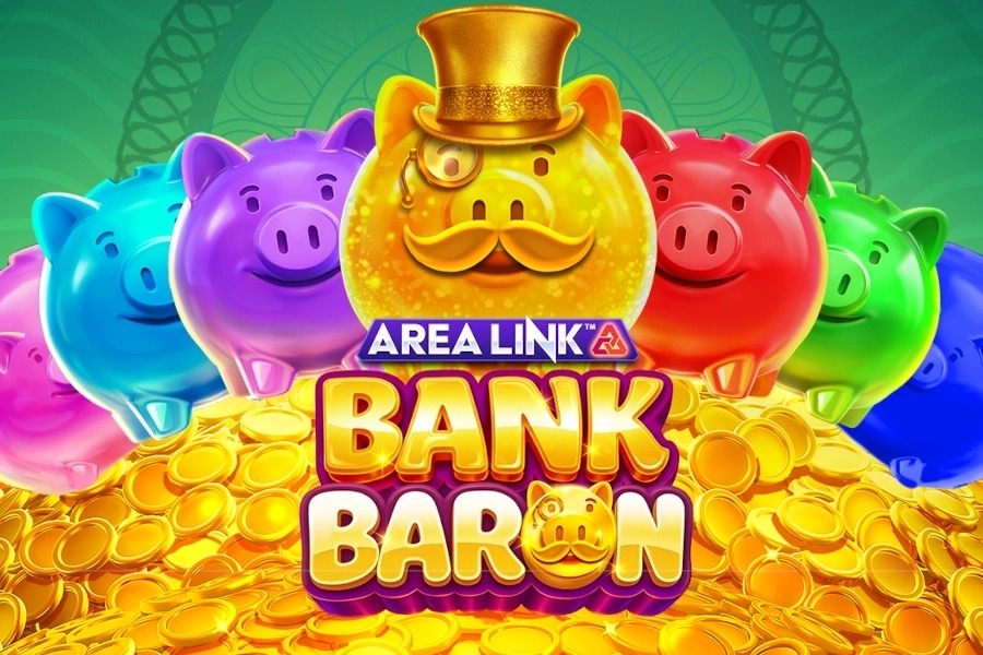 Bóveda bancaria, monedas y alcancía dorada de la tragamonedas Area Link Bank Baron de AreaVegas